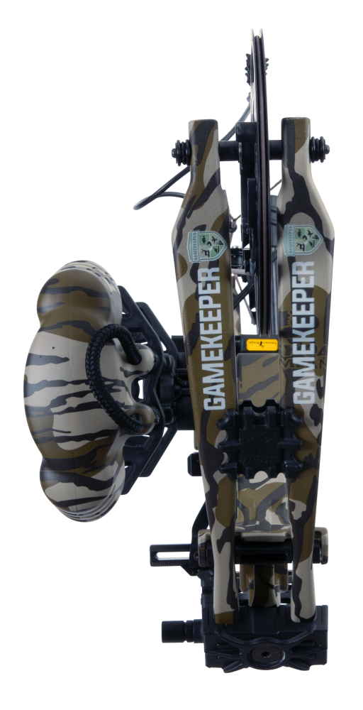 Bear Gamekeeper RTH logo on compound bow limbs in Mossy Oak Bottomland color.