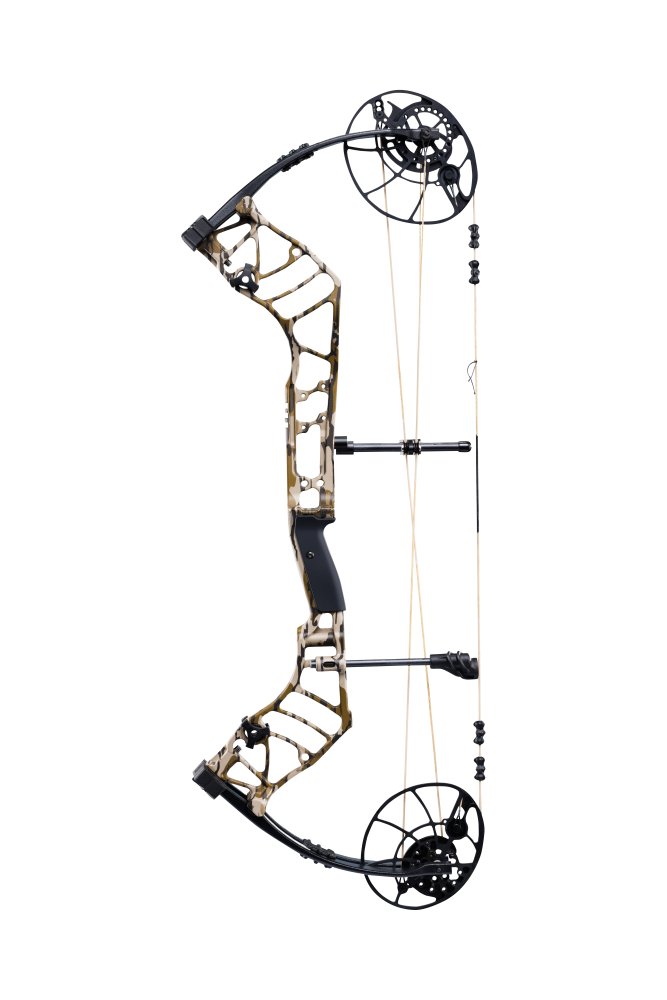 Bear Archery Legend 30 compound bow for hunting with a smooth hybrid cam system, offering adjustable draw length and weight for precision shooting in color Mossy Oak Bottomland.