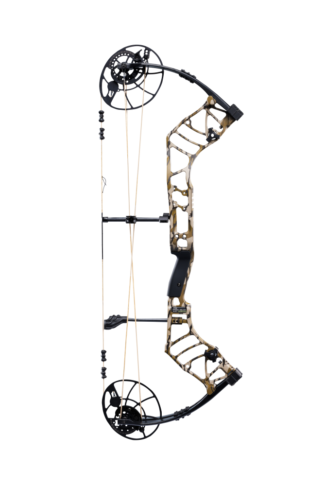 Lightweight Bear Archery Legend 30 compound bow for hunting in color Mossy Oak Bottomland featuring a high let-off design, vibration-reducing dampeners, and Bear Paw Grip.