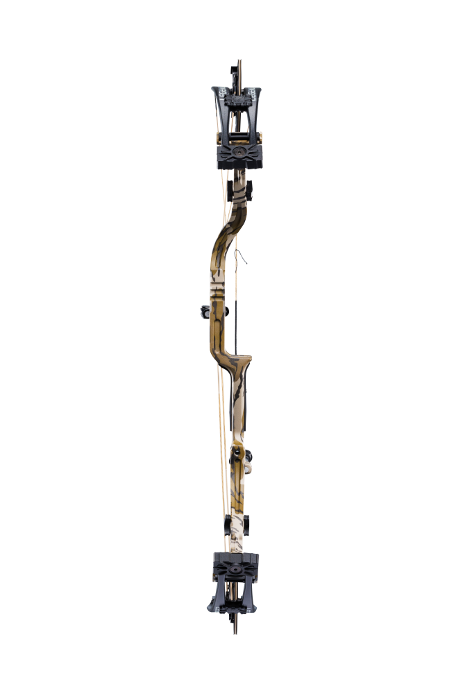 Front view of the Bear Archery Legend 30 compound bow with a 30" axel, hybrid cams, and a sleek modern finish in color Mossy Oak Bottomland.