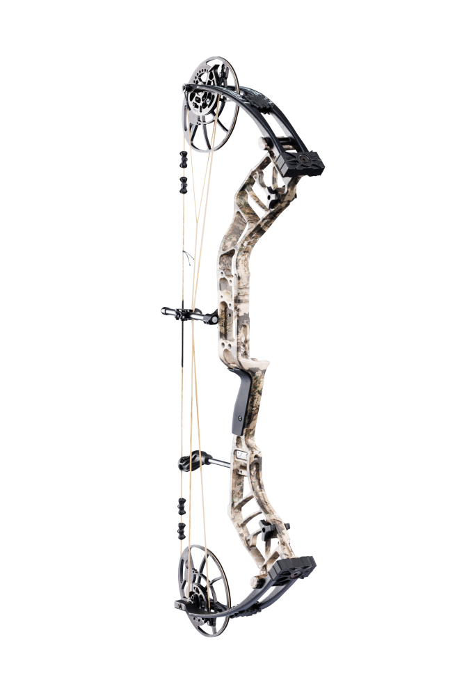 Bear Archery Legend 30 compound bow for hunting with a smooth hybrid cam system, offering adjustable draw length and weight for precision shooting in color Veil Whitetail.