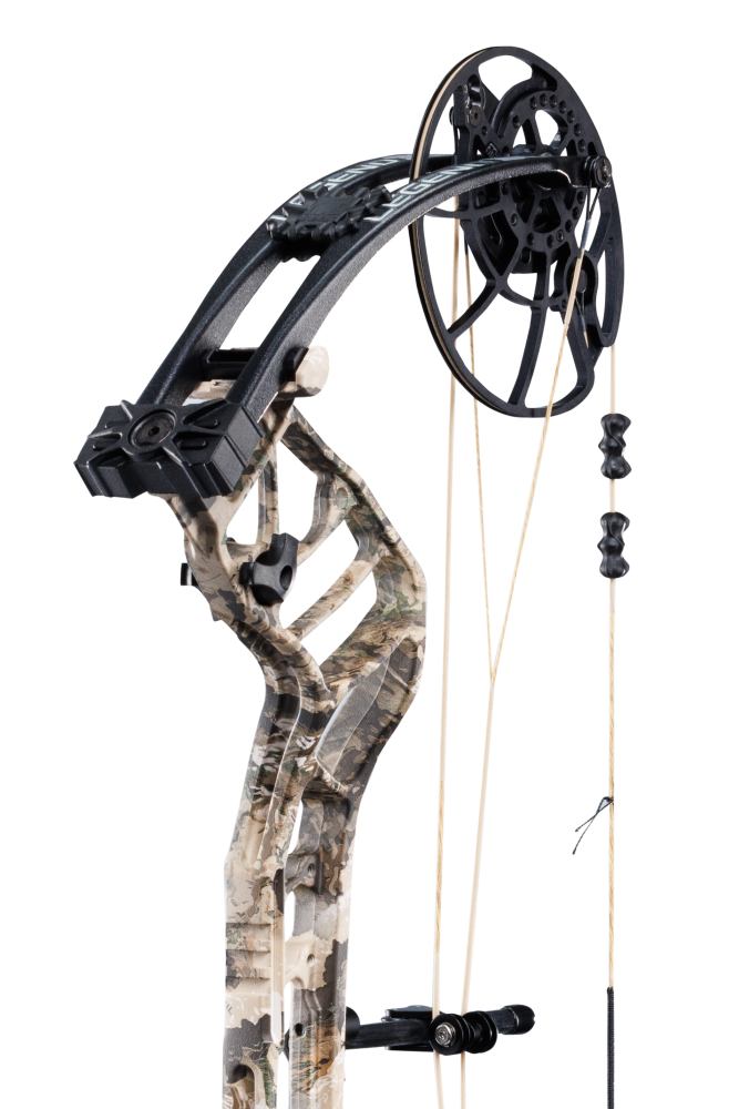 Close up of the Bear Archery Legend 30 DHCXR Hybrid Cam system.