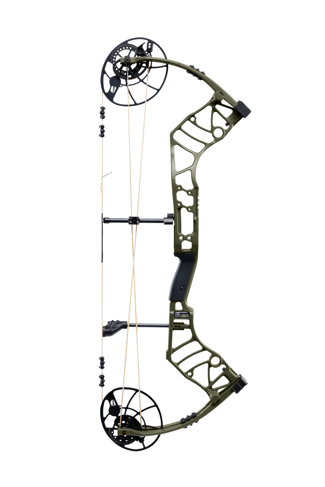 Lightweight Bear Archery Legend 30 compound bow for hunting in color Olive featuring a high let-off design, vibration-reducing dampeners, and Bear Paw Grip.