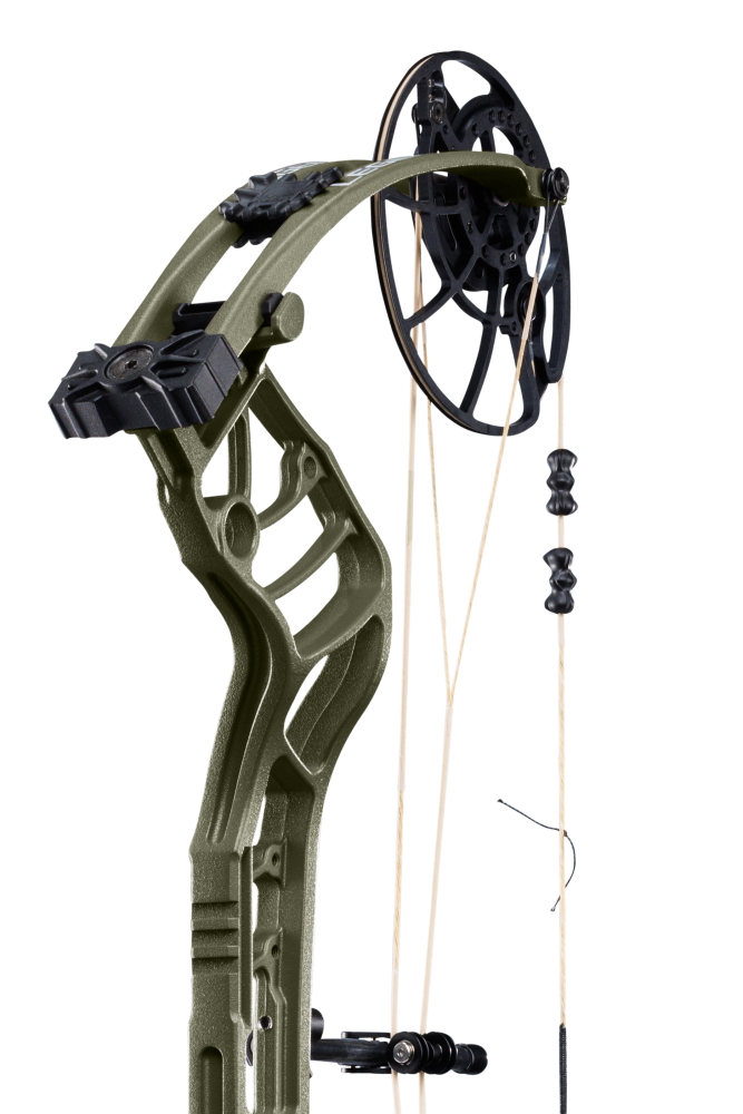 Close up of the Bear Archery Legend 30 DHCXR Hybrid Cam system.