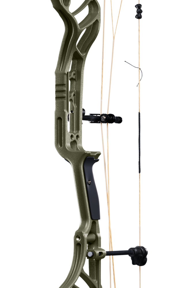 Close up of the Bear Archery Legend 30 compound bow for hunting with the Integrated Mounting System® and Picatinny sight mounting locations.