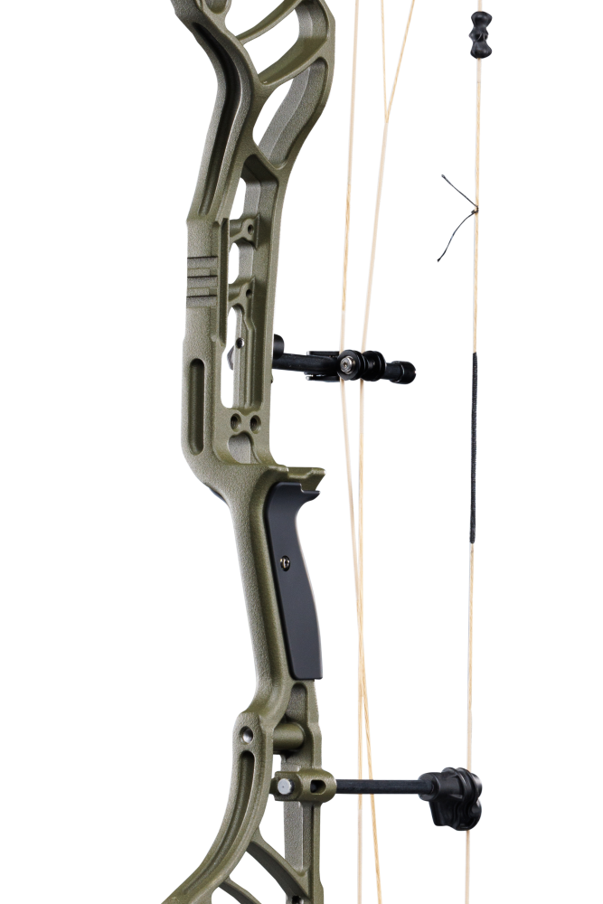 Close up of the Bear Archery Legend 30 compound bow for hunting with the Integrated Mounting System® and Picatinny sight mounting locations.