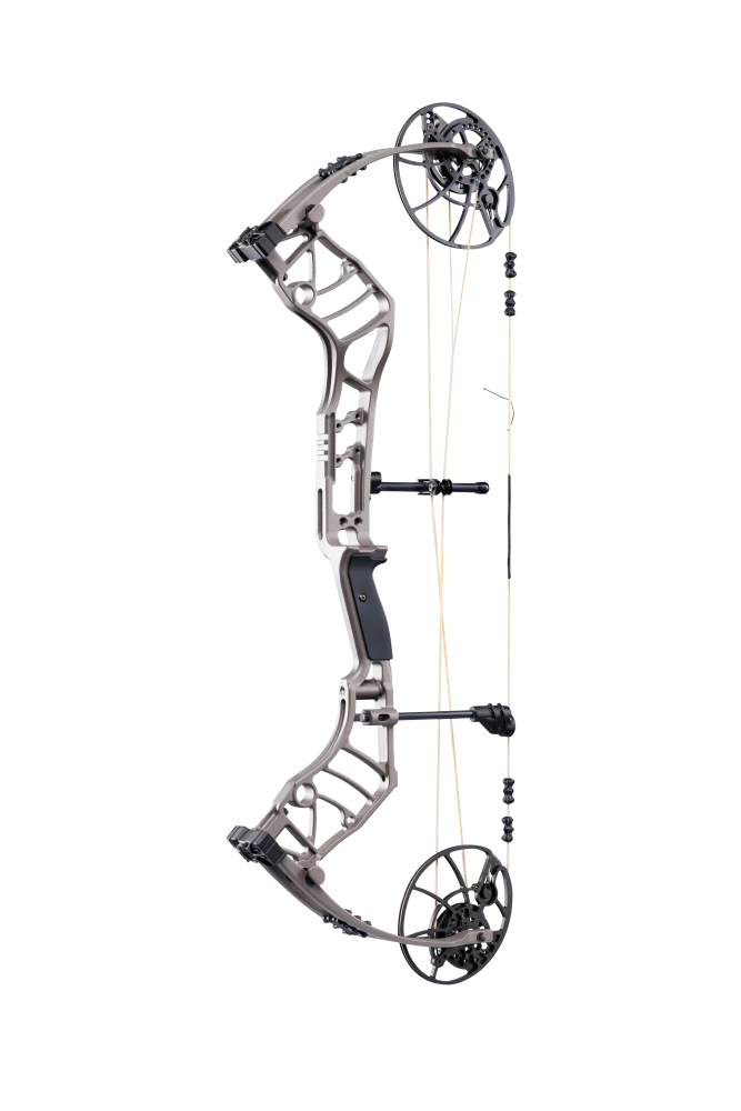 Lightweight Bear Archery Legend 30 compound bow for hunting in color Stone featuring a high let-off design, vibration-reducing dampeners, and Bear Paw Grip.