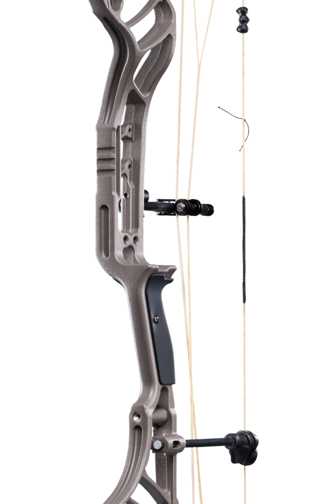 Close up of the Bear Archery Legend 30 compound bow for hunting with the Integrated Mounting System® and Picatinny sight mounting locations.