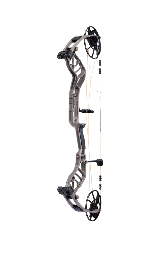 Bear Archery Legend 30 compound bow for hunting with a smooth hybrid cam system, offering adjustable draw length and weight for precision shooting in color Stone.