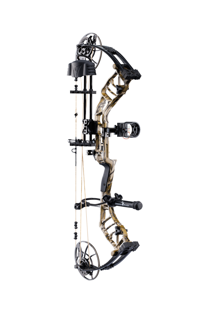 High-performance Bear Archery Legend 30 RTH compound bow for hunting in color Mossy Oak Bottomland featuring an advanced hybrid cam system.