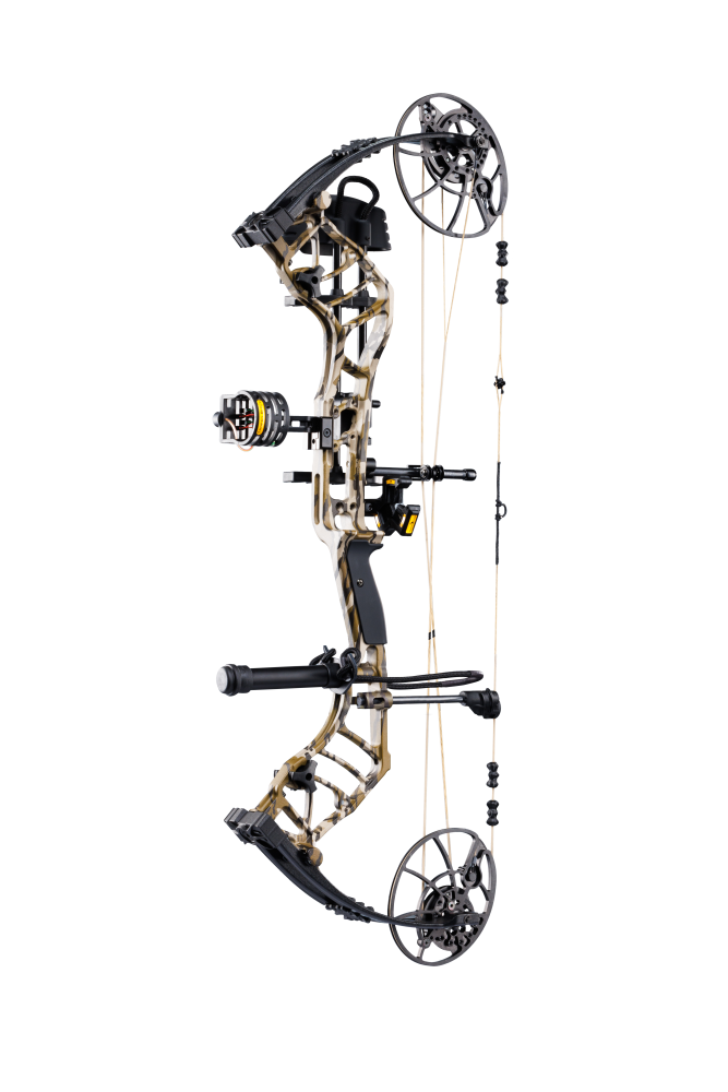 Bear Archery Legend 30 RTH compound bow for hunting with a smooth hybrid cam system, offering adjustable draw length and weight for precision shooting in color Mossy Oak Bottomland.