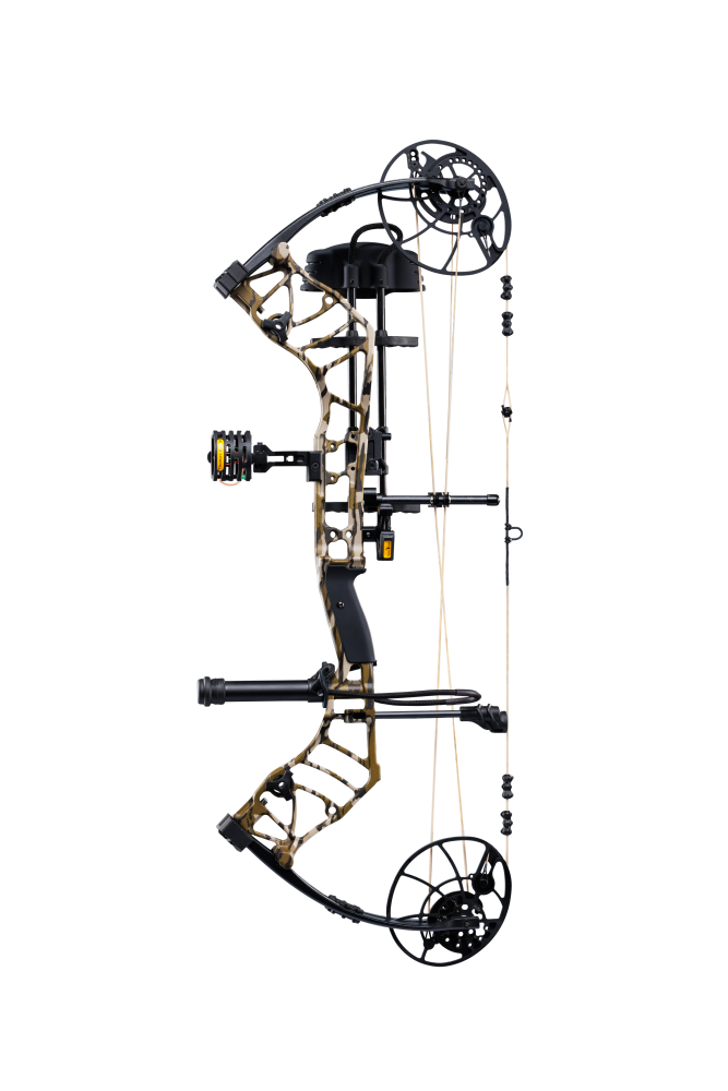 Mossy Oak Bottomland colored Bear Archery Legend 30 RTH compound bow with a stable 30 RTH-inch axle-to-axle length comes ready-to-hunt. 