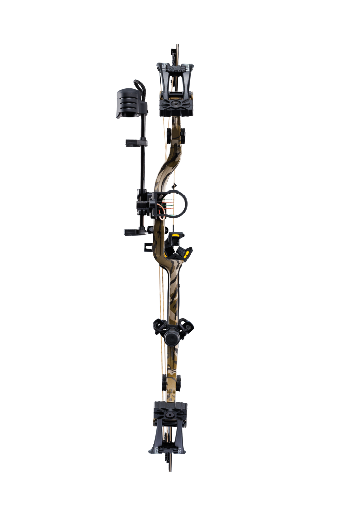 IMS® V-Biscuit rest, a Picatinny-mounted 4 pin sight, a 5 arrow quiver, a stabilizer, Radical peep sight, and wrist sling_5