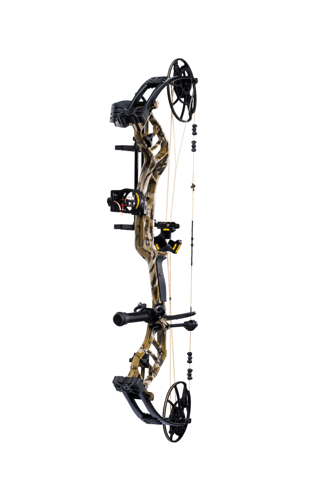 Lightweight Bear Archery Legend 30 RTH hunting bow package in color Mossy Oak Bottomland featuring a high let-off design, vibration-reducing dampeners, and Bear Paw Grip.