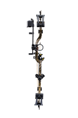 Front view of the Bear Archery Legend 30 RTH hunting bow package with a 30” axel-to-axel, hybrid cams, and a sleek modern finish in color Mossy Oak Bottomland.