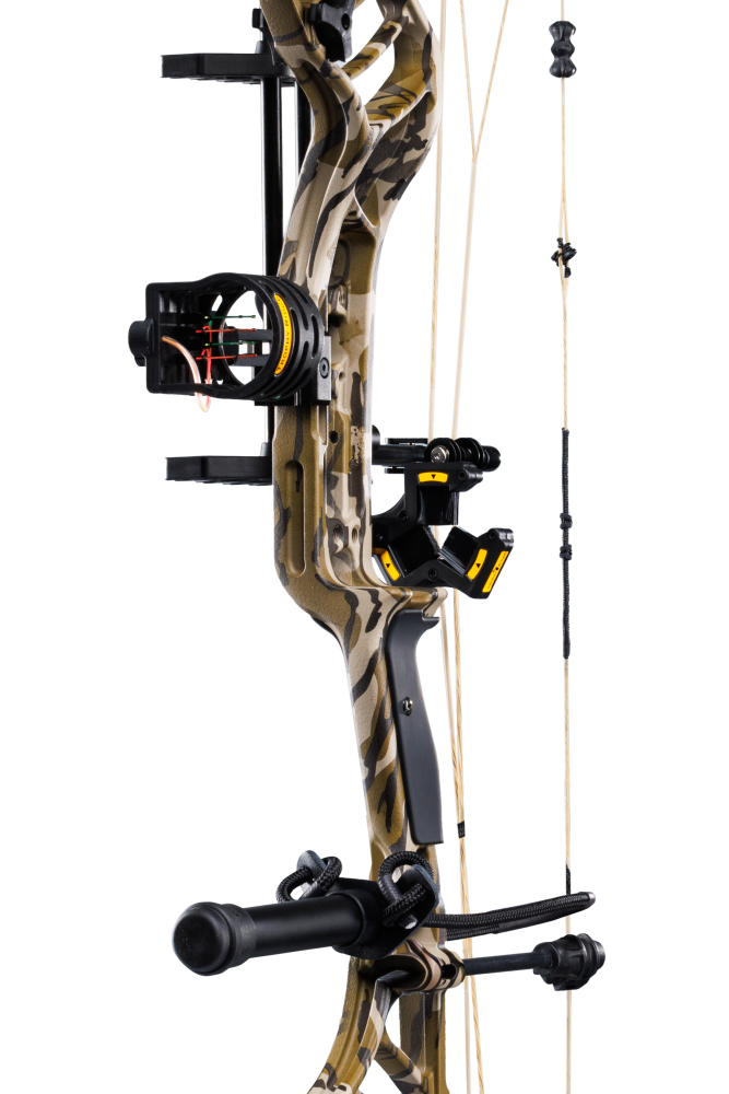 Close up of the Bear Archery Legend 30 RTH package from Trophy Ridge including sight, whisker biscuit, stabilizer, wrist sling, and arrow quiver.