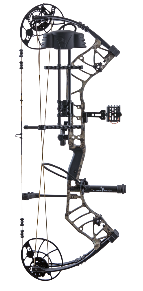 Bear Archery Legend 30 RTH comes Ready-to-Hunt with Trophy Ridge RTH Package featuring IMS® V-Biscuit rest, a Picatinny-mounted 4 pin sight, a 5 arrow quiver, a stabilizer, Radical peep sight, and wrist sling