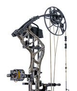 Close up of the Bear Archery Legend 30 RTH compound bow for hunting DHCXR Hybrid Cam system and RTH accessories from Trophy Ridge.