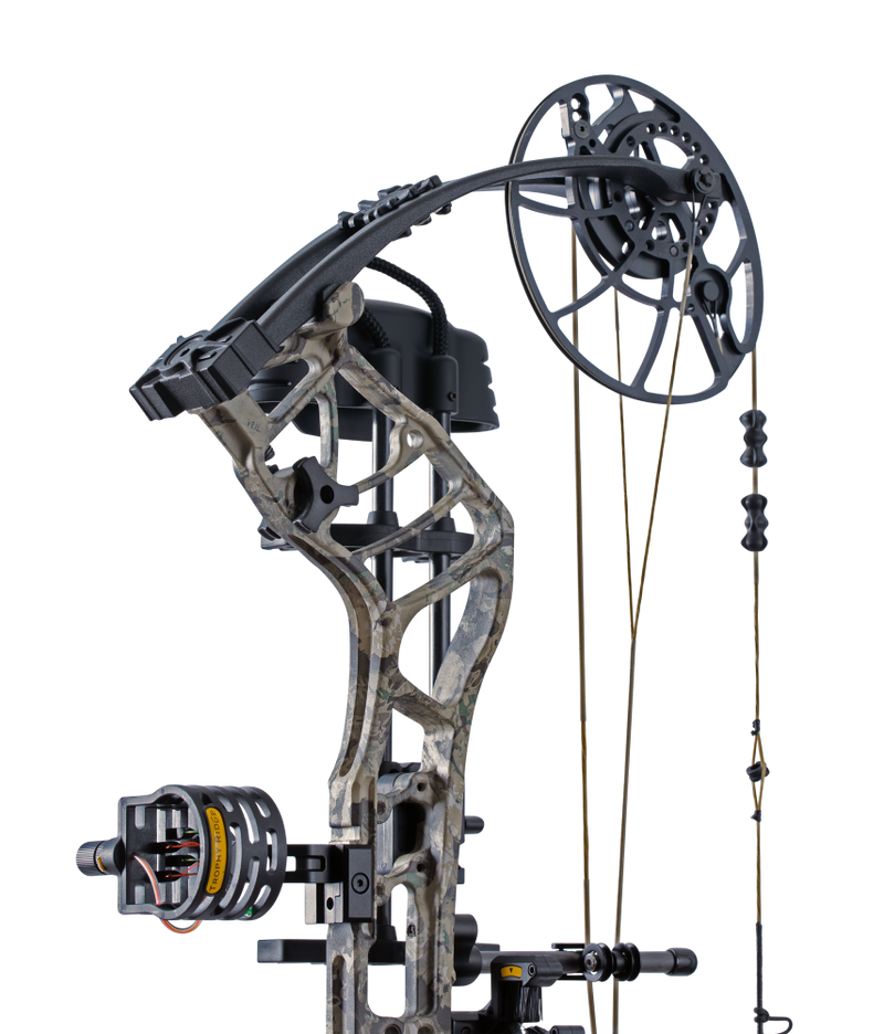 Close up of the Bear Archery Legend 30 RTH compound bow for hunting DHCXR Hybrid Cam system and RTH accessories from Trophy Ridge.