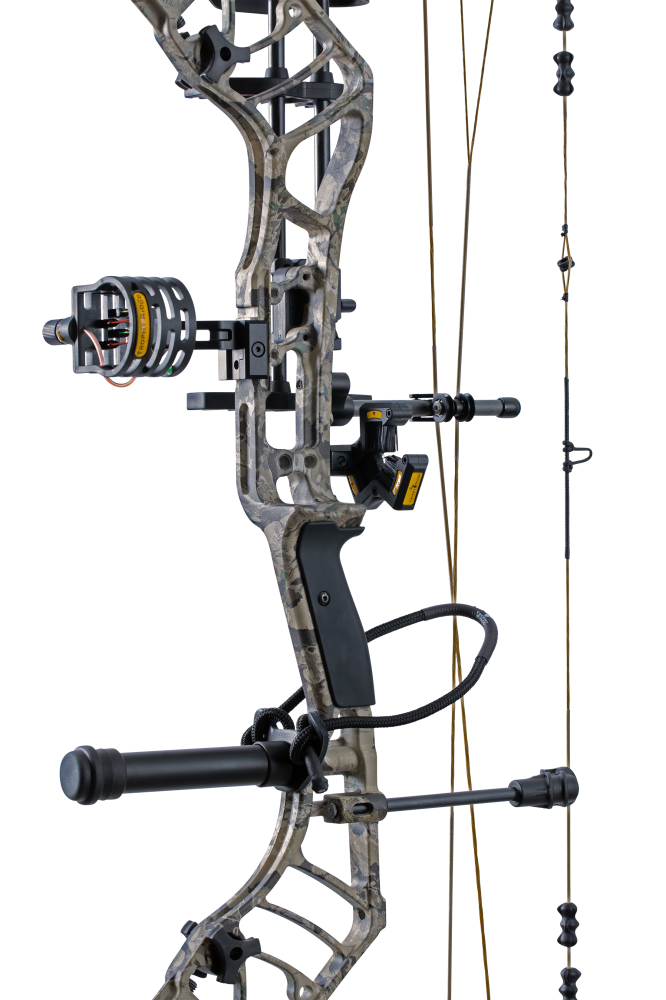 Close up of the Bear Archery Legend 30 RTH compound bow for hunting with the Integrated Mounting System® and Picatinny sight mounting locations.