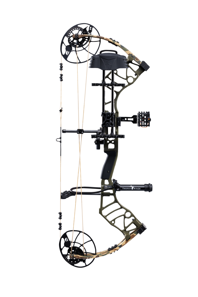 Bear Archery Legend 30 RTH comes Ready-to-Hunt with Trophy Ridge RTH Package featuring IMS® V-Biscuit rest, a Picatinny-mounted 4 pin sight, a 5 arrow quiver, a stabilizer, Radical peep sight, and wrist sling