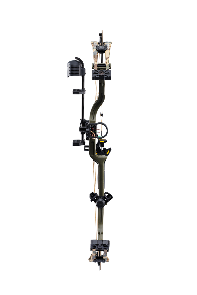 IMS® V-Biscuit rest, a Picatinny-mounted 4 pin sight, a 5 arrow quiver, a stabilizer, Radical peep sight, and wrist sling_5