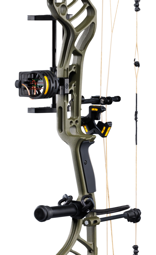 Close up of the Bear Archery Legend 30 RTH package from Trophy Ridge including sight, whisker biscuit, stabilizer, wrist sling, and arrow quiver.