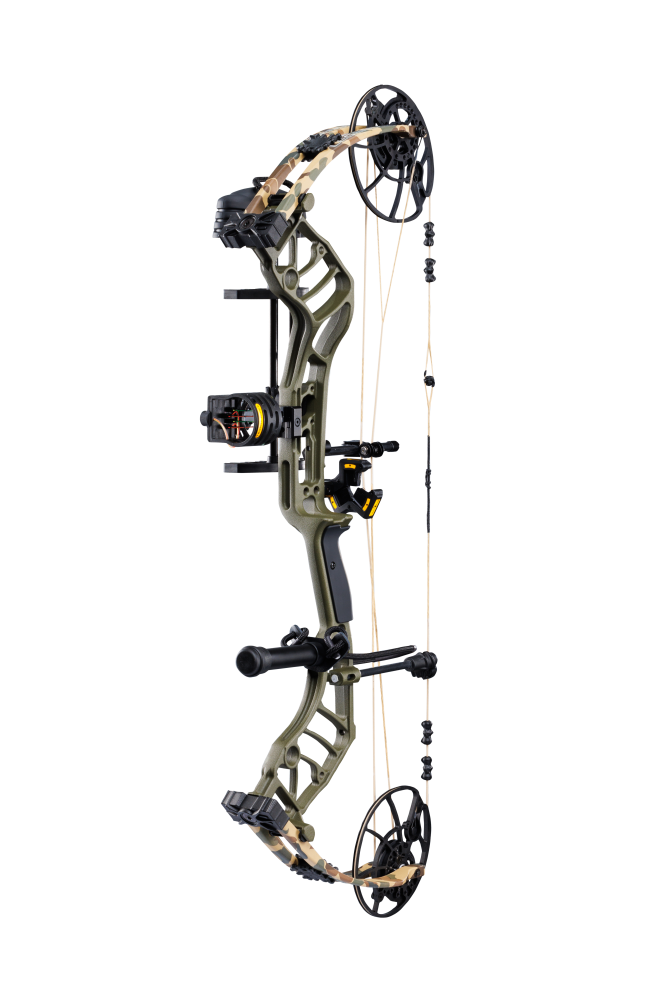 Lightweight Bear Archery Legend 30 RTH hunting bow package in color Throwback Green featuring a high let-off design, vibration-reducing dampeners, and Bear Paw Grip.