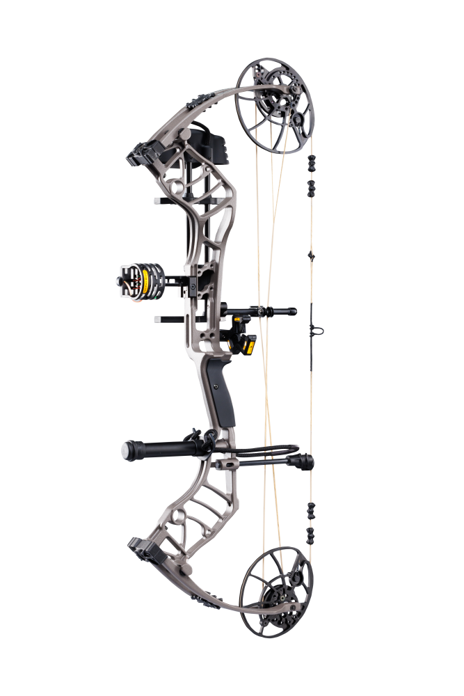 Lightweight Bear Archery Legend 30 RTH hunting bow package in color Stone featuring a high let-off design, vibration-reducing dampeners, and Bear Paw Grip.