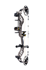 Stone colored Bear Archery Legend 30 RTH compound bow with a stable 30 RTH-inch axle-to-axle length comes ready-to-hunt. 