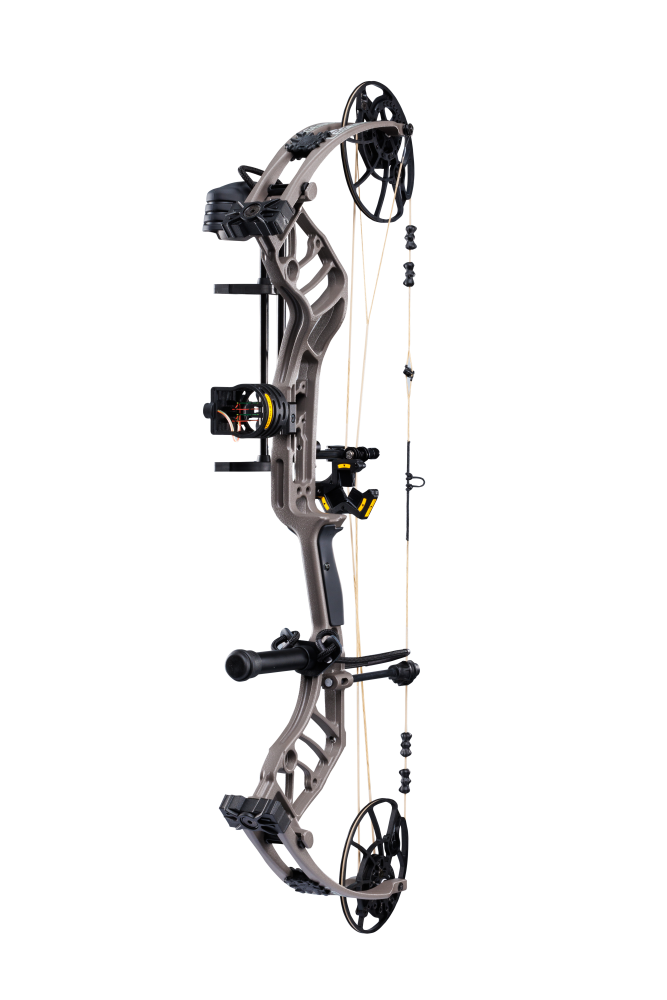 Stone colored Bear Archery Legend 30 RTH compound bow with a stable 30 RTH-inch axle-to-axle length comes ready-to-hunt. 