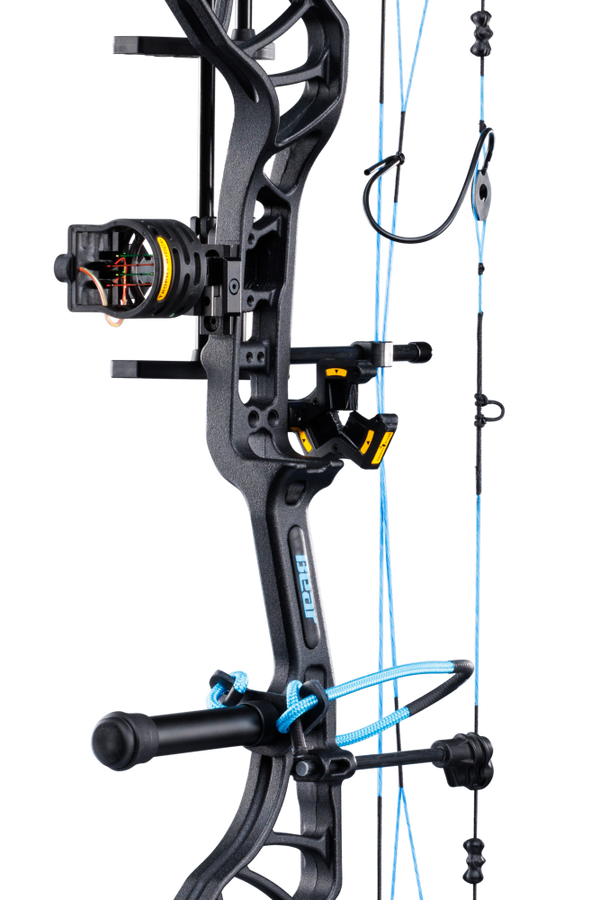 Close up of Bear Archery Legit MAXX RTH compound bow in color Inspire highlighting Trophy Ridge accessories including an IMS® V-Biscuit rest, Picatinny-mounted Fatal 4 sight, Snubnose stabilizer, Radical peep sight, and wrist sling.