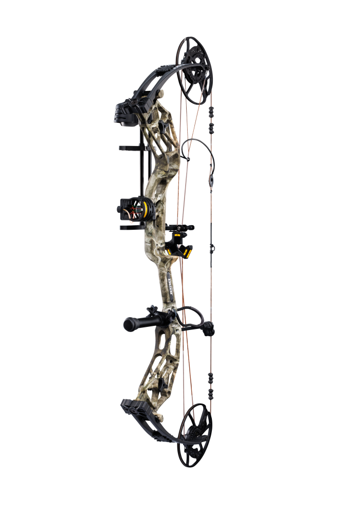 Side view showcasing Bear Archery Paradigm hunting bow in color Veil Whitetail. Compound bow with long draw length.