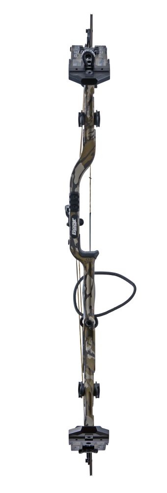 Bear Archery Persist 33 compound bow in color Mossy Oak Bottomland with a stable 33-inch axle-to-axle length, smooth draw cycle, and optimized performance for bowhunters.