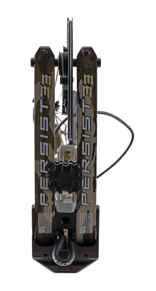 Close up of 2025 flagship bow, Persist 33 compound bow limbs on color Mossy Oak Bottomland.