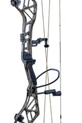 Close up of the Bear Archery Persist 33 compound bow in color Mossy Oak Bottomland with the Integrated Mounting System® rest and Picatinny sight mounting locations.