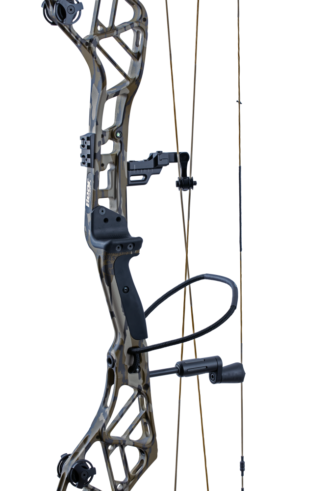 Close up of the Bear Archery Persist 33 compound bow in color Mossy Oak Bottomland with the Integrated Mounting System® rest and Picatinny sight mounting locations.