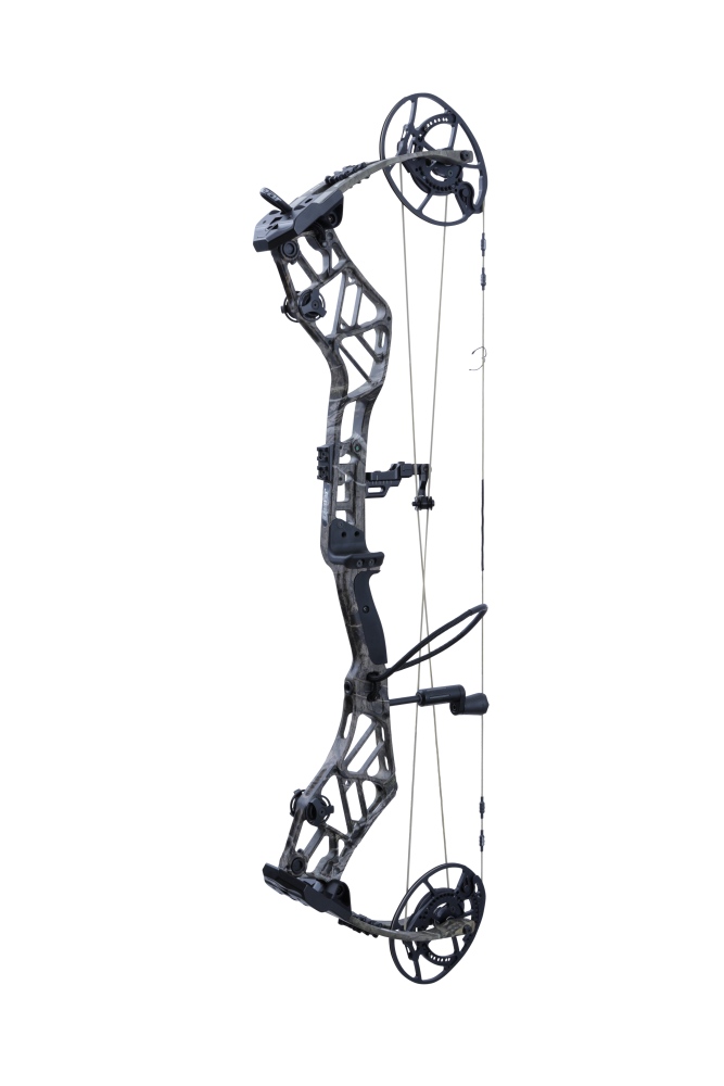 Bear Archery Persist 33 compound bow in color Mossy Oak Roots with a stable 33-inch axle-to-axle length, smooth draw cycle, and optimized performance for bowhunters.