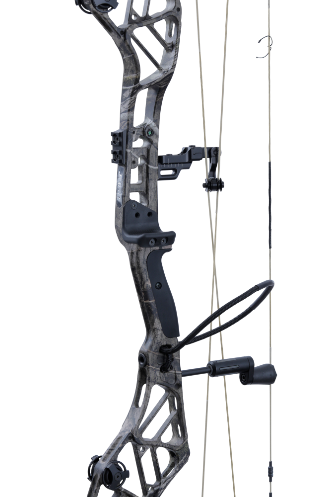 Close up of the Bear Archery Persist 33 compound bow in color Mossy Oak Roots with the Integrated Mounting System® rest and Picatinny sight mounting locations.