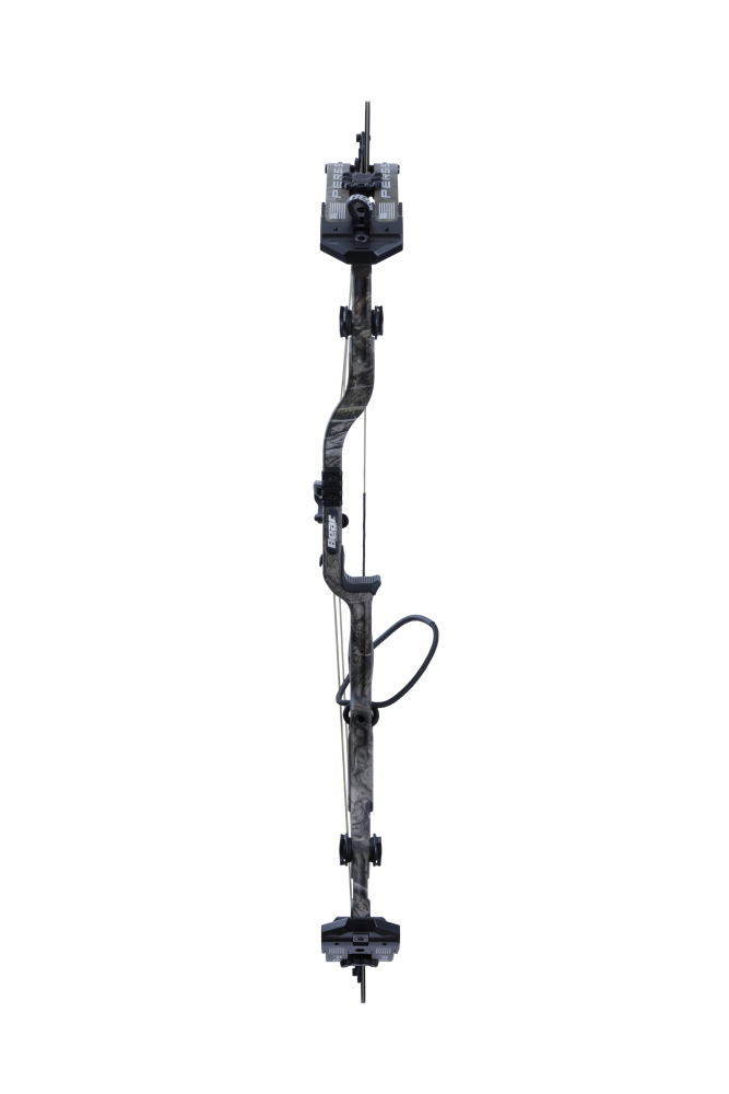 Front of the Bear Archery Persist 33 compound bow in color Mossy Oak Roots with the Integrated Mounting System® rest, Picatinny sight mounting locations, and an integrated pull-up rope attachment point.