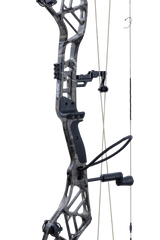 Close up of the Bear Archery Persist 33 compound bow in color Mossy Oak Roots with the Integrated Mounting System® rest, Picatinny sight mounting locations, and integrated wrist sling.