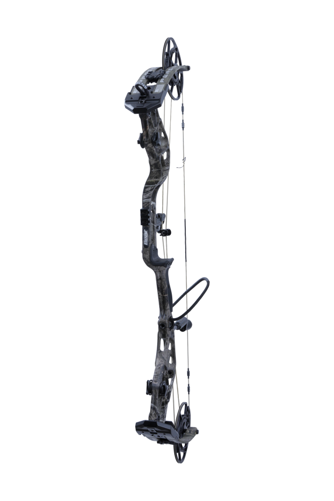 Bear Archery Persist 33 compound bow in color Mossy Oak Roots with a stable 33-inch axle-to-axle length, smooth draw cycle, and optimized performance for bowhunters.