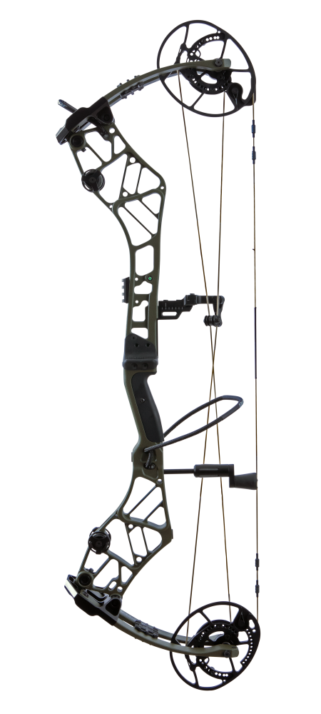 Olive colored Bear Archery Persist 33 compound bow with a stable 33-inch axle-to-axle length.