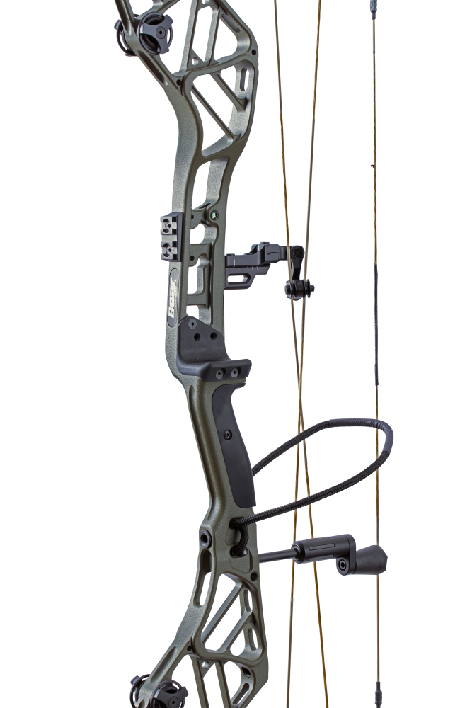 Close up of the Bear Archery Persist 33 compound bow in color Olive with the Integrated Mounting System® rest and Picatinny sight mounting locations.