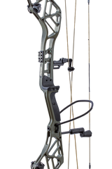 Close up of the Bear Archery Persist 33 compound bow in color Olive with the Integrated Mounting System® rest and Picatinny sight mounting locations.