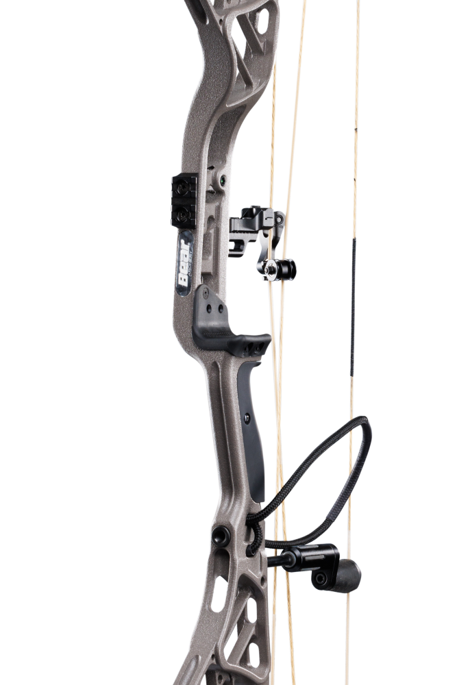 Close up of the Bear Archery Persist 33 compound bow in color Stone with the Integrated Mounting System® rest and Picatinny sight mounting locations.