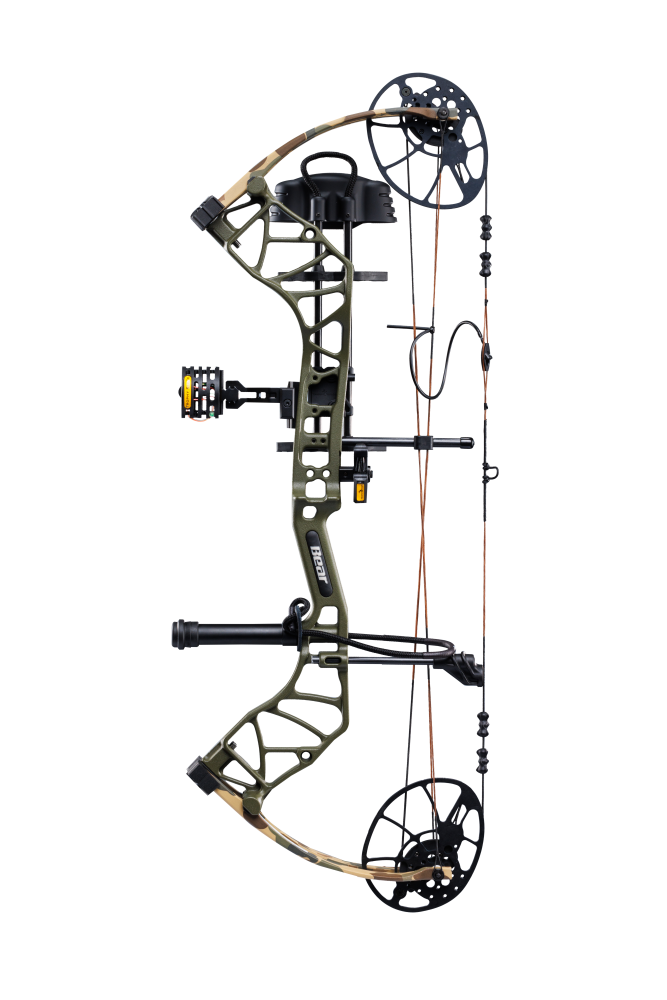 Side view of Bear Archery Legit MAXX RTH Special Edition compound bow in color Throwback Green showcasing it's dual cam system.