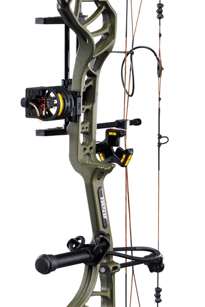 Close up of the Bear Archery Legit MAXX RTH Special Edition riser in color Throwback Green featuring Trophy Ridge ready-to-hunt accessories.