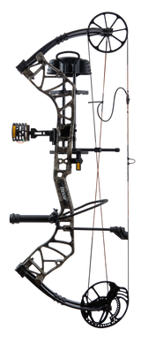 Side view of the Bear Species XT RTH single cam compound bow in color True Timber Strata highlighting its single cam drawing system.