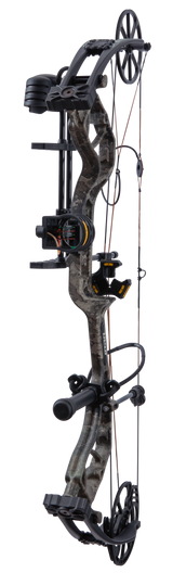 The Bear Species XT single cam compound bow includes IMS® V-Biscuit rest, Picatinny-mounted 4 pin sight, 5 arrow quiver, stabilizer, peep sight, and wrist sling.